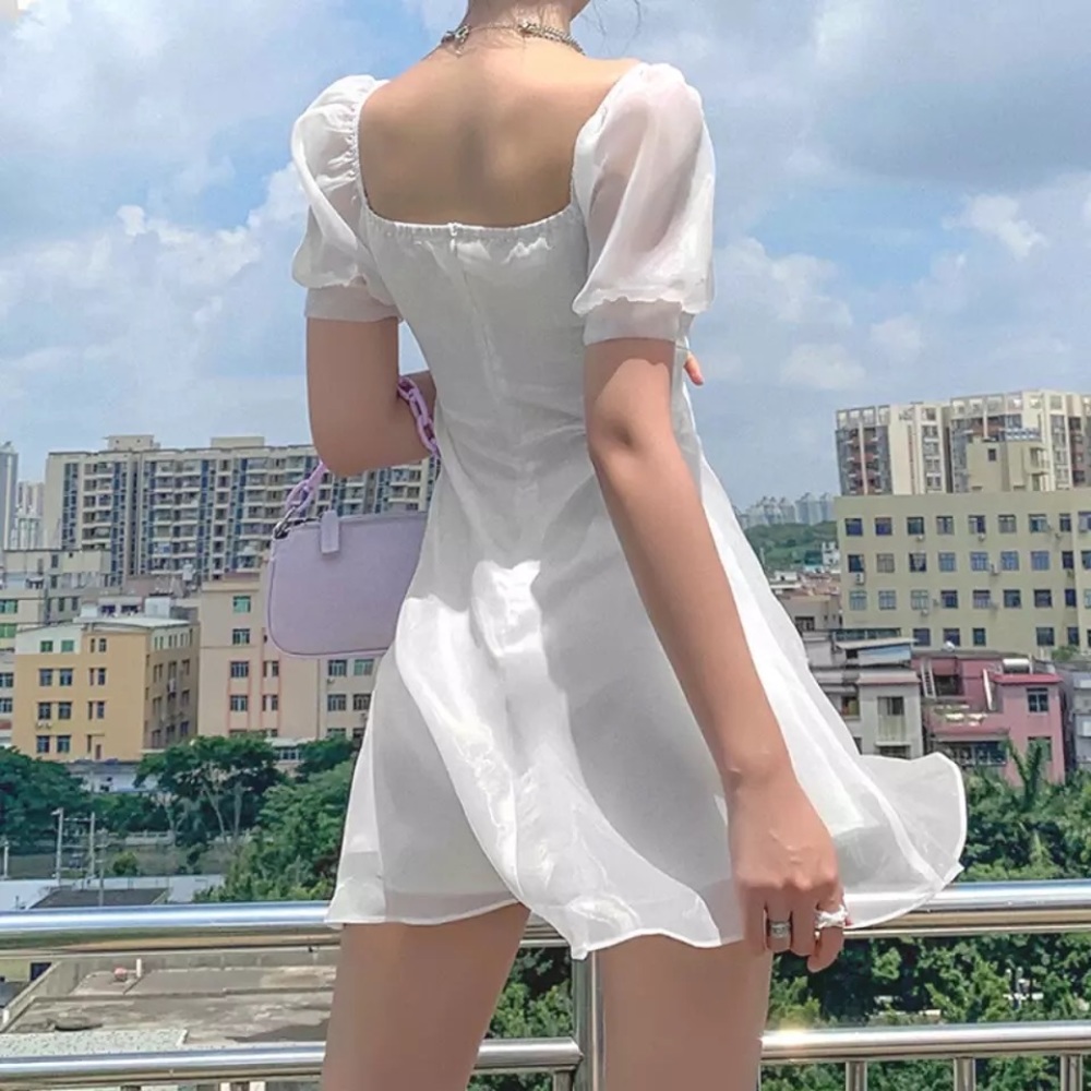 Korean Satin Layered Mini White Dress - Picture 3 of 13